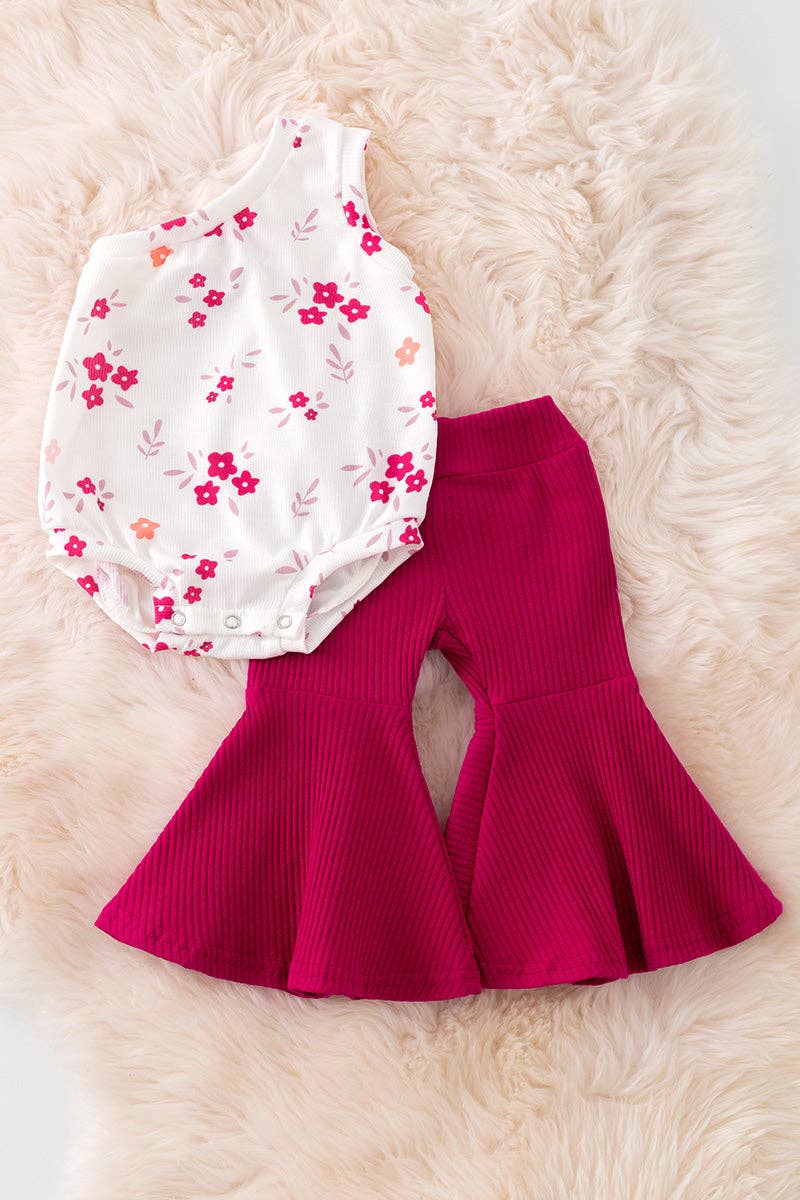 Girls Maroon Floral Cold Shoulder Onesie & Bell Bottoms Set
