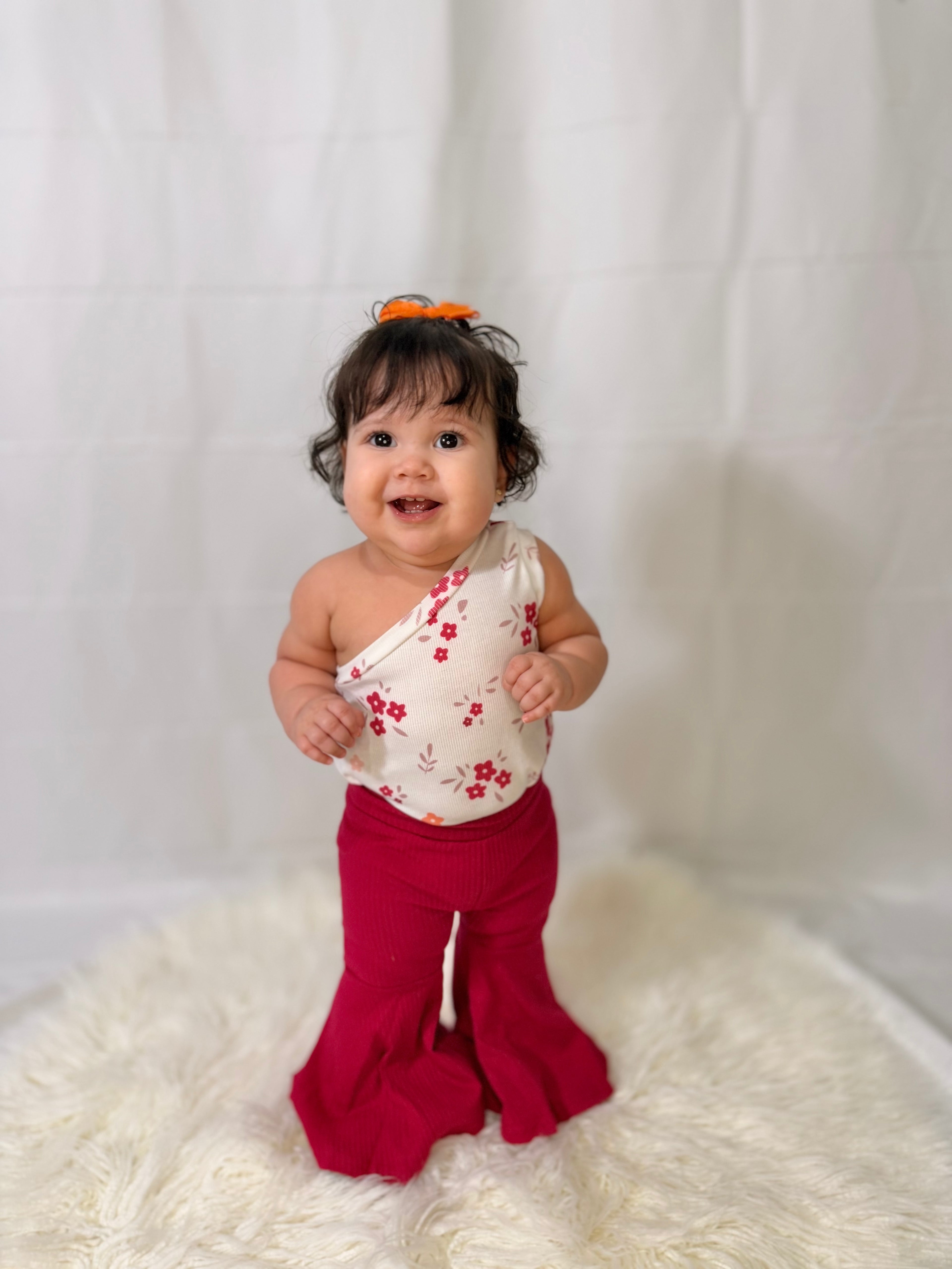 Girls Maroon Floral Cold Shoulder Onesie & Bell Bottoms Set