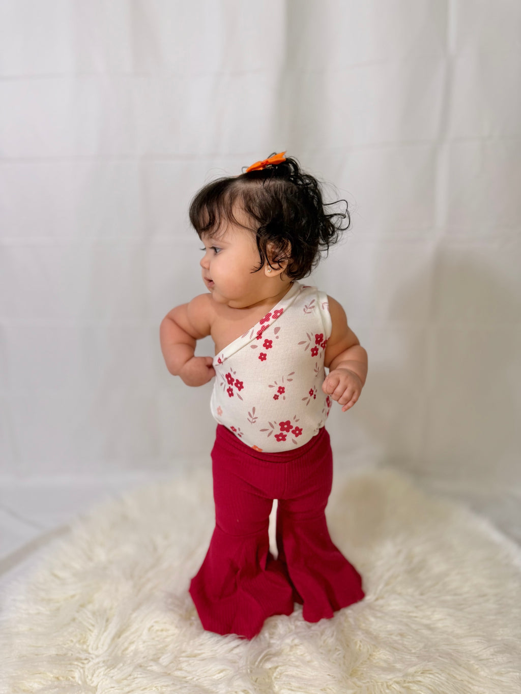 Girls Maroon Floral Cold Shoulder Onesie & Bell Bottoms Set