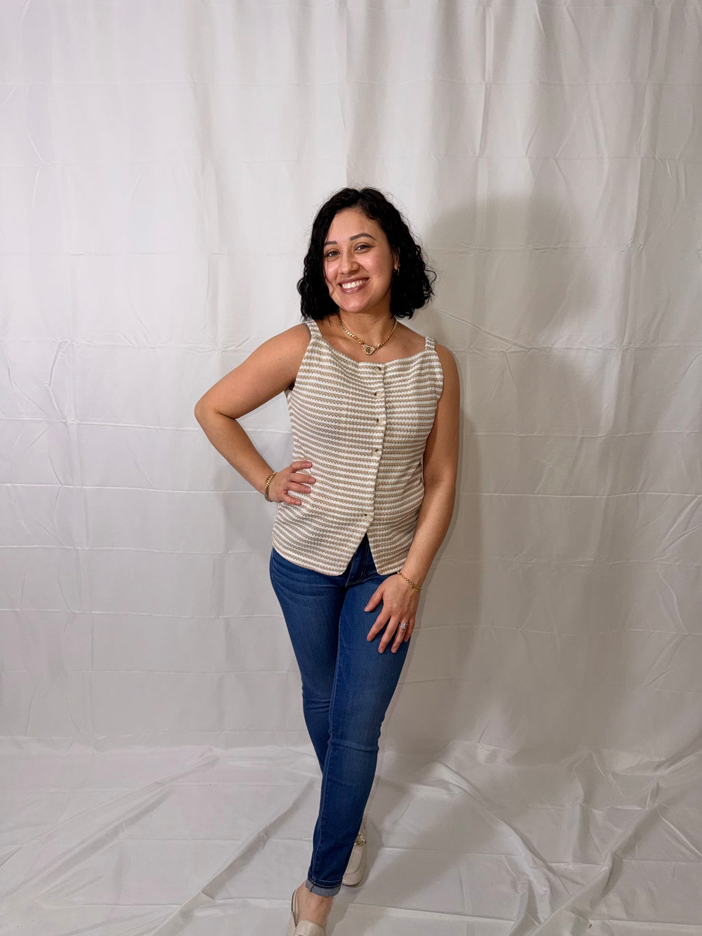 Striped Button Front Sleeveless Top