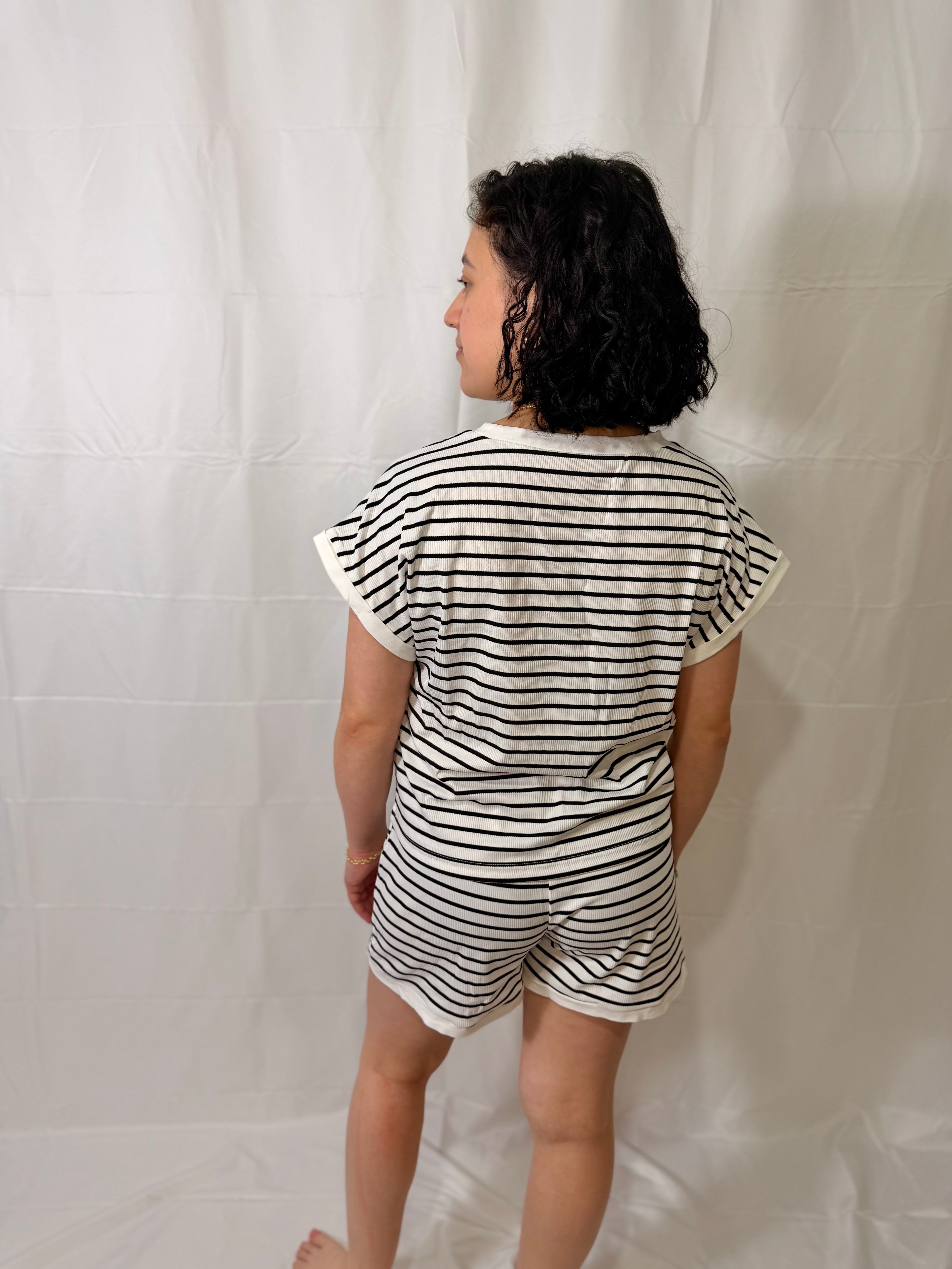 White Stripe Edge Tee and Shorts Set