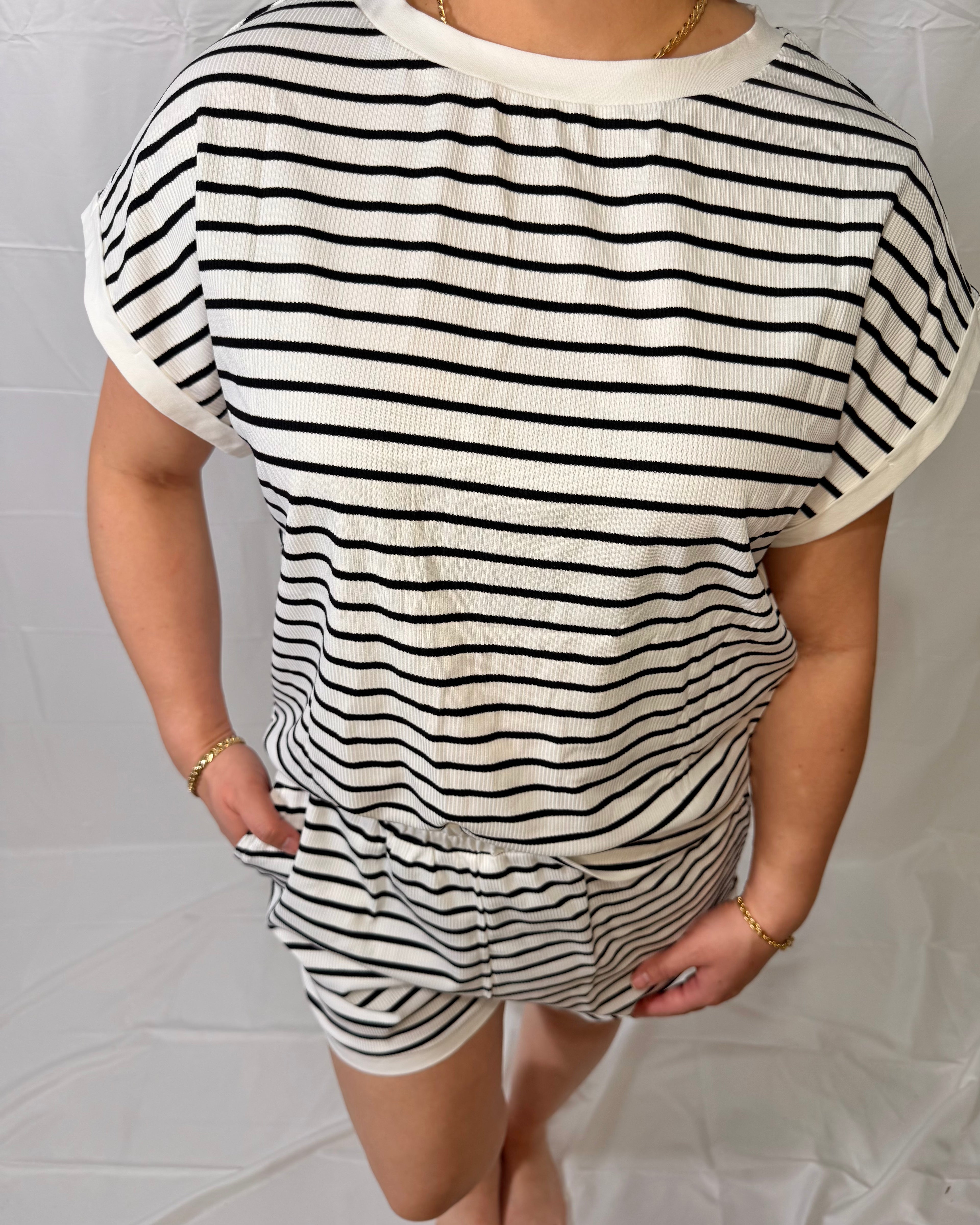 White Stripe Edge Tee and Shorts Set