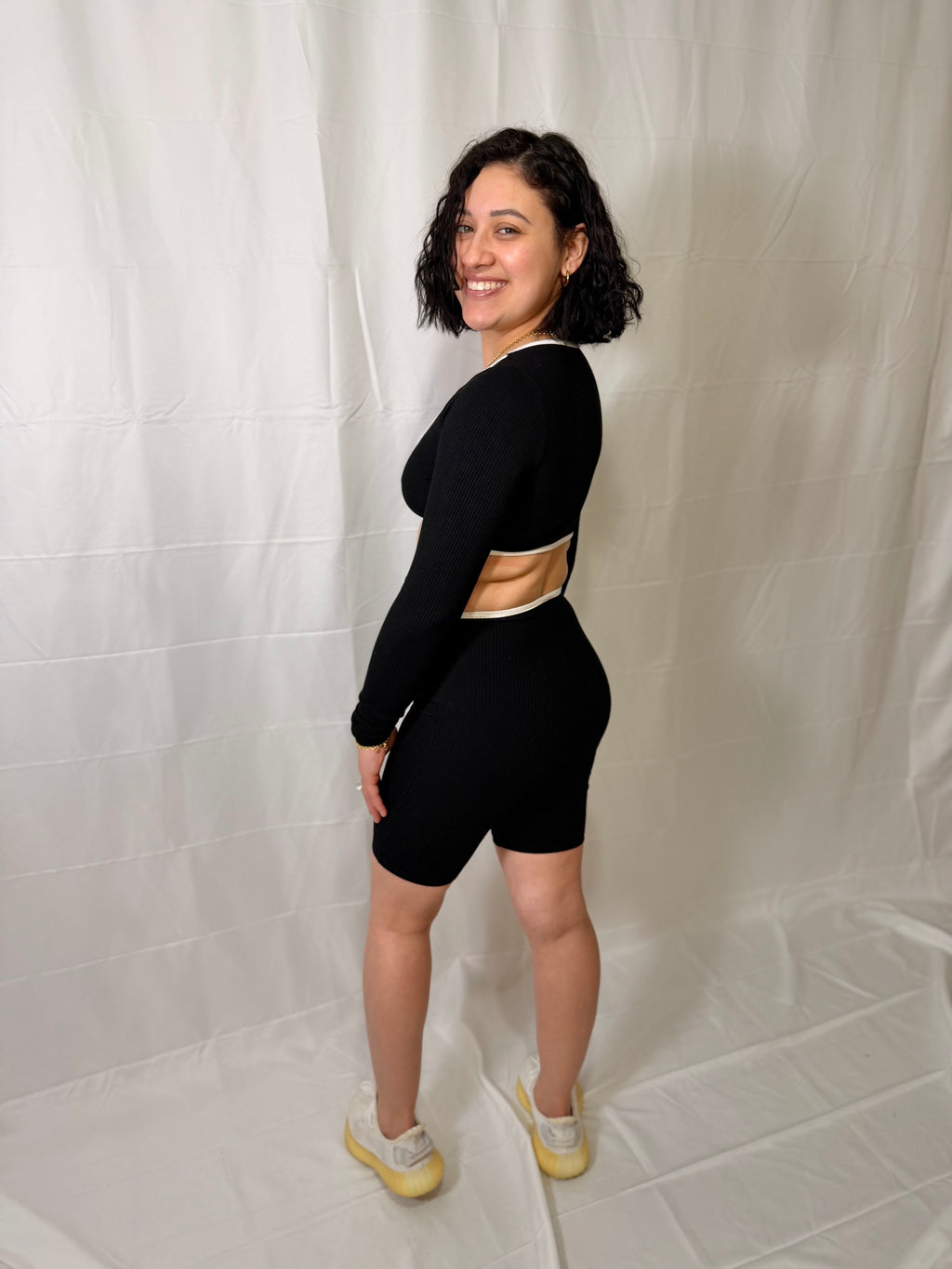 Ribbed Front Knot Long Sleeve Romper