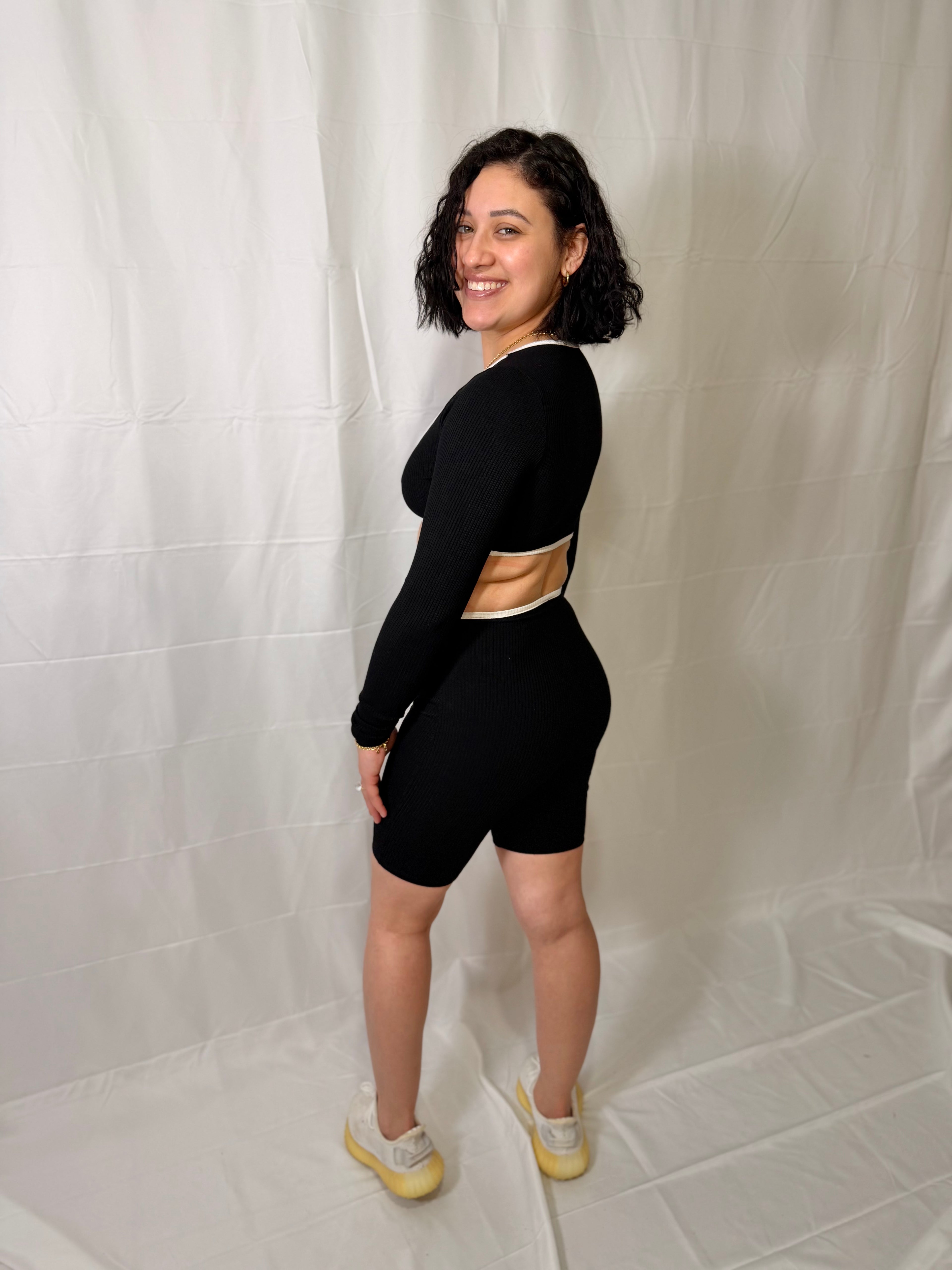 Ribbed Front Knot Long Sleeve Romper