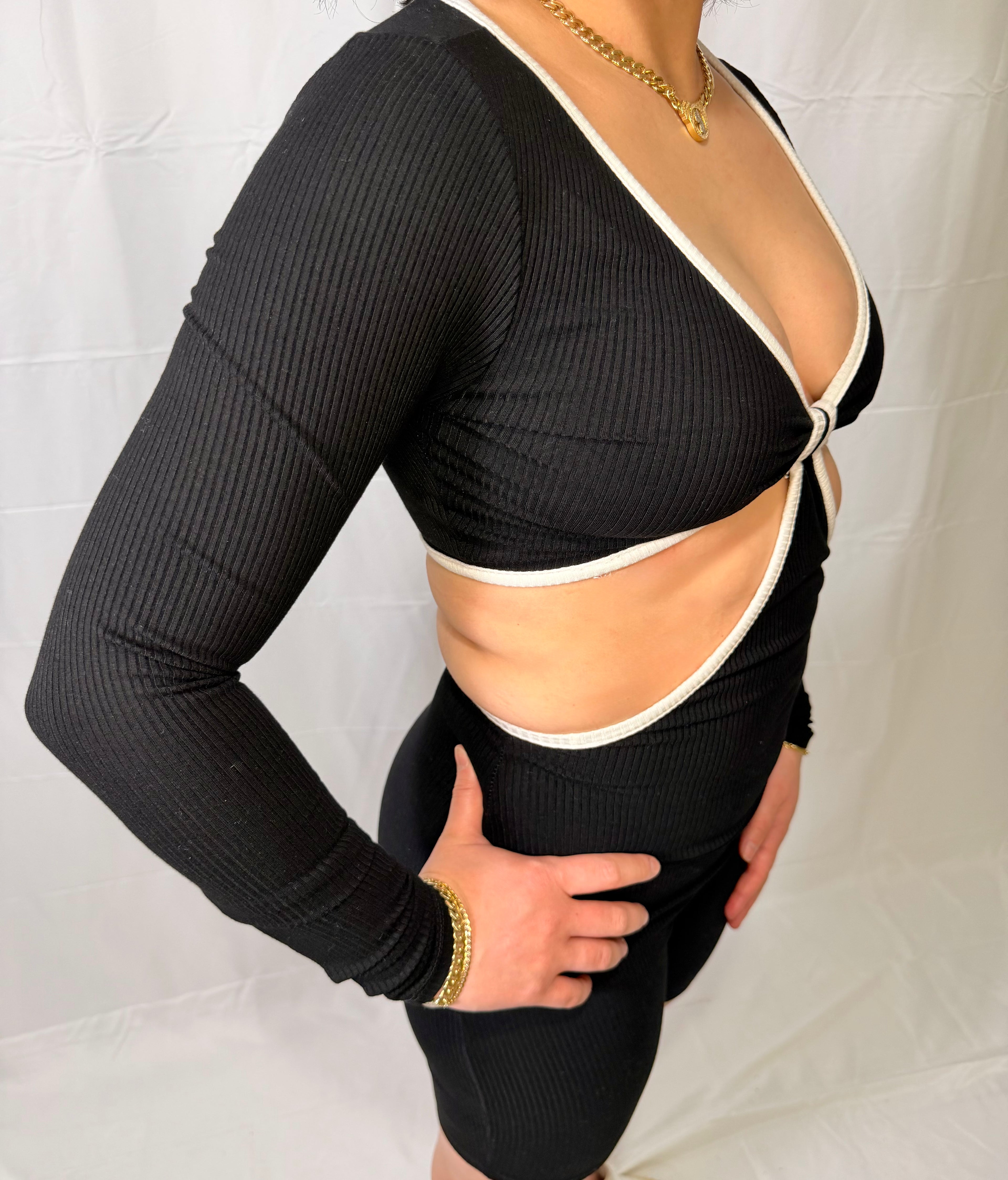 Ribbed Front Knot Long Sleeve Romper