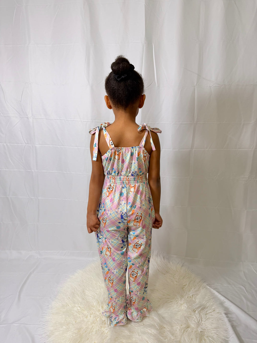 Girls Bluey Plaid Easter Jumpsuit with Ruffle Hem