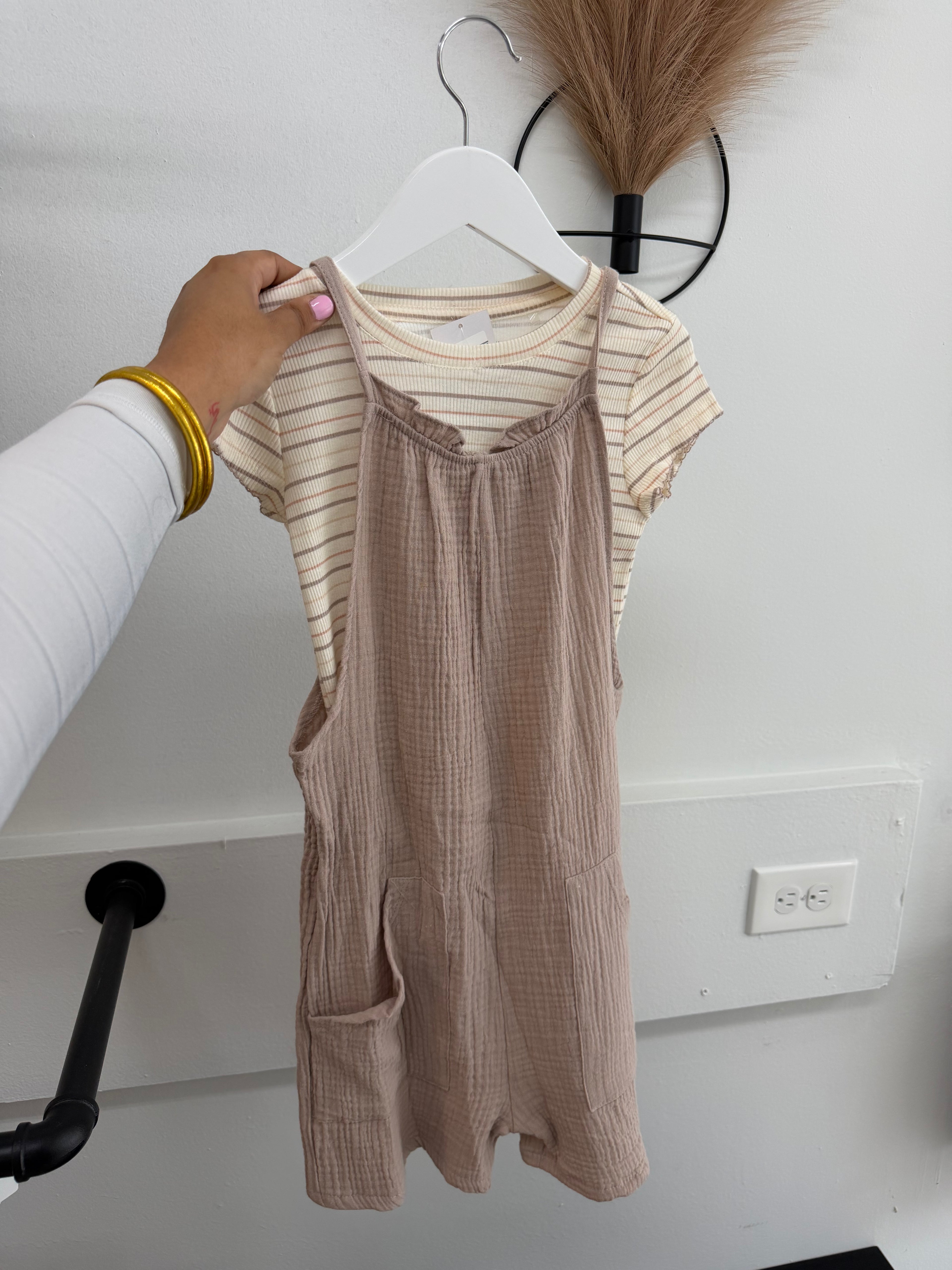 Striped Tee & Beige Romper 2-Piece Set