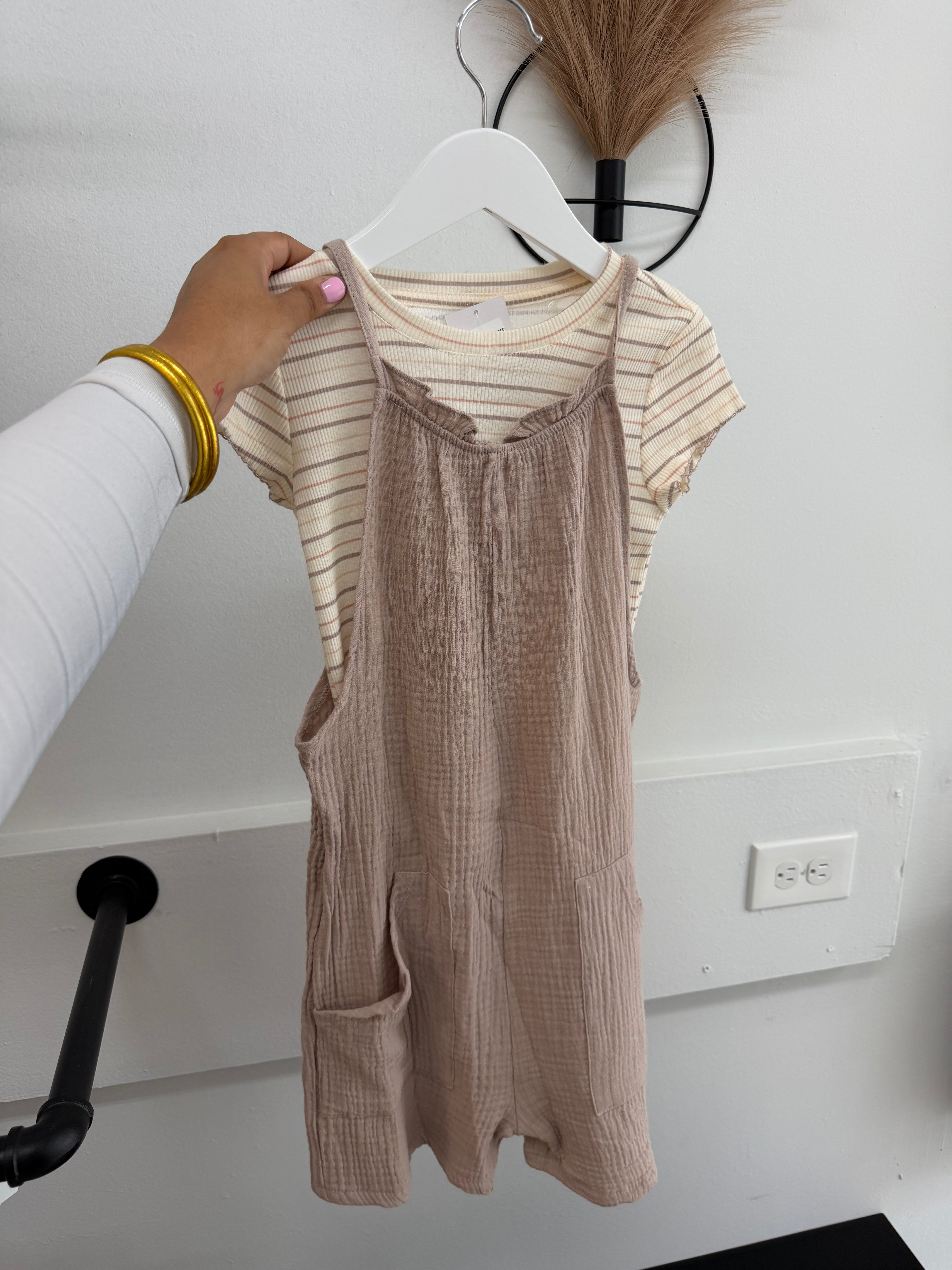 Striped Tee & Beige Romper 2-Piece Set