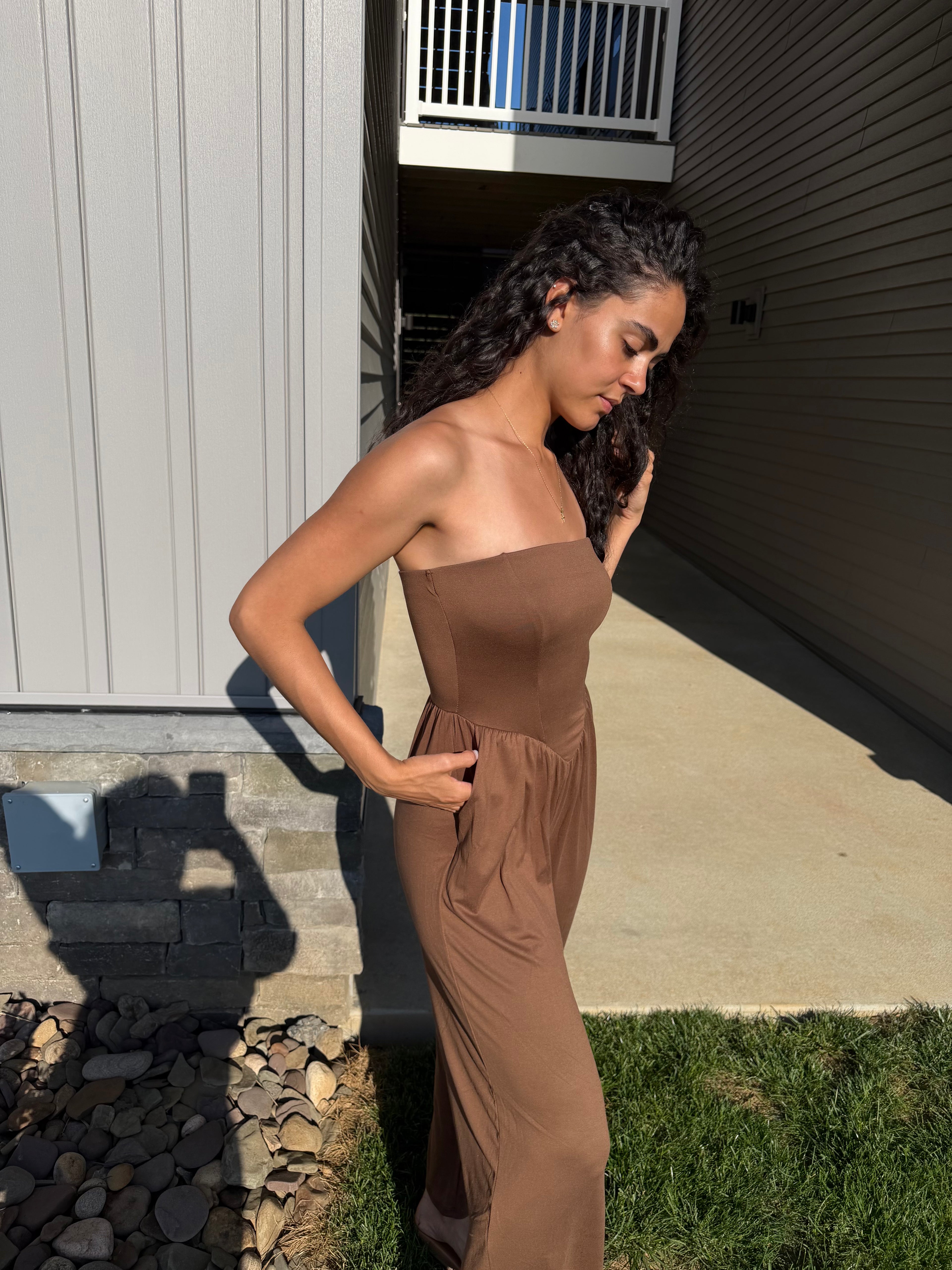 V SHAPE DROP WAIST TUBE JUMPSUIT