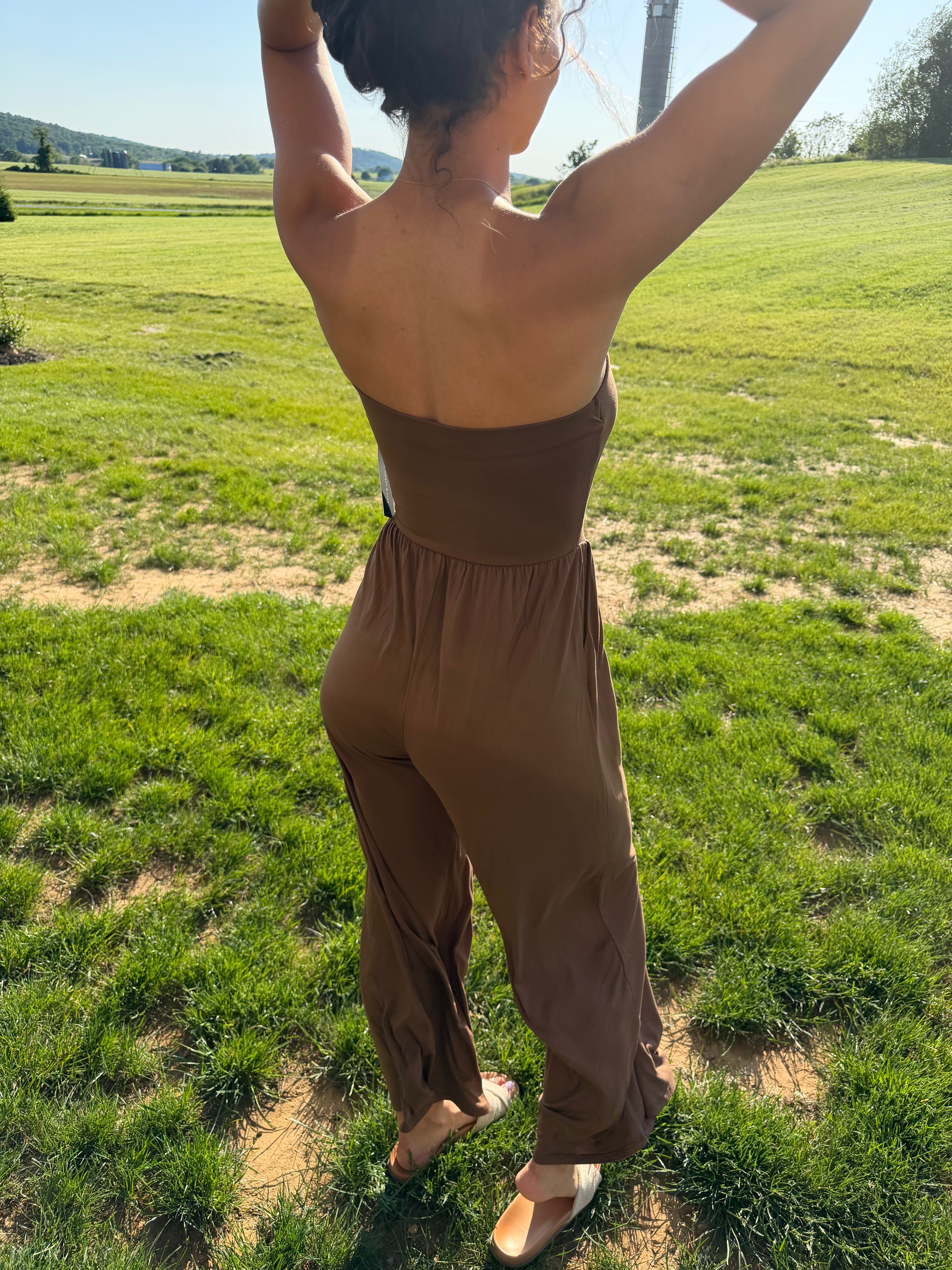 V SHAPE DROP WAIST TUBE JUMPSUIT