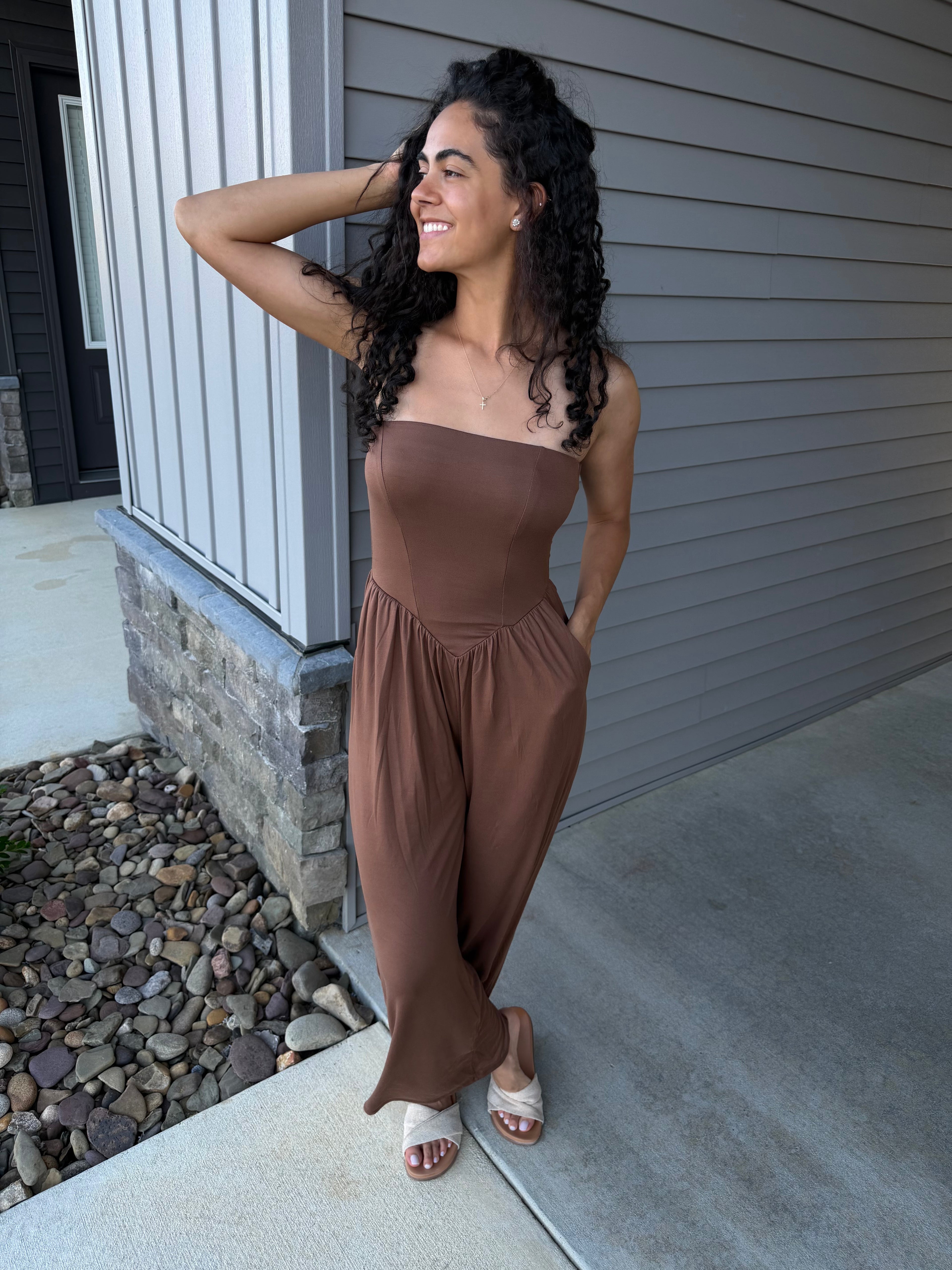 V SHAPE DROP WAIST TUBE JUMPSUIT