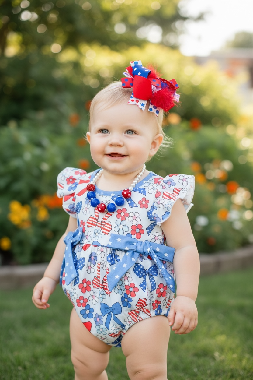 Sweet Liberty Patriotic Bow Baby Romper