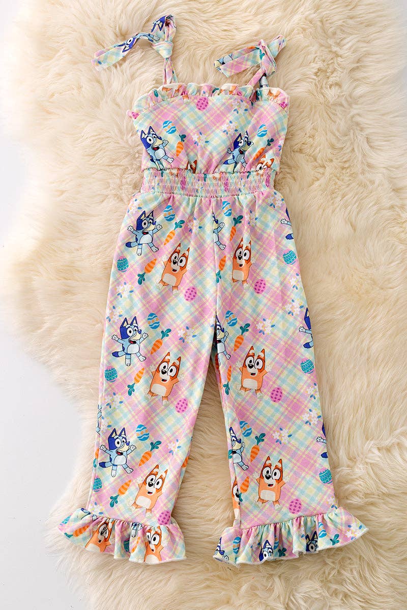 Girls Bluey Plaid Easter Jumpsuit with Ruffle Hem